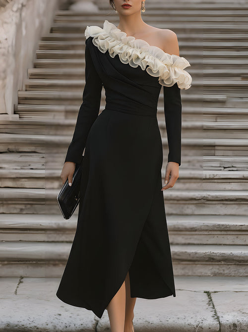 Asymmetric Ruffled Off-Shoulder Midi Dress XYS