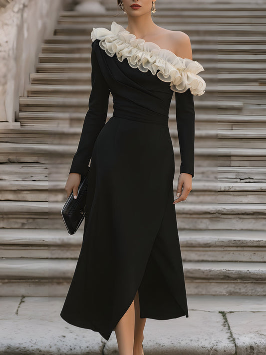 Asymmetric Ruffled Off-Shoulder Midi Dress XYS
