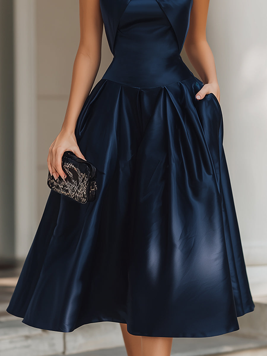 Cross-Halter Pleated Midi Dress XYS