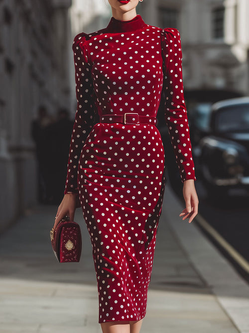 Vintage-Inspired Red Polka Dot Velvet Midi Dress SN
