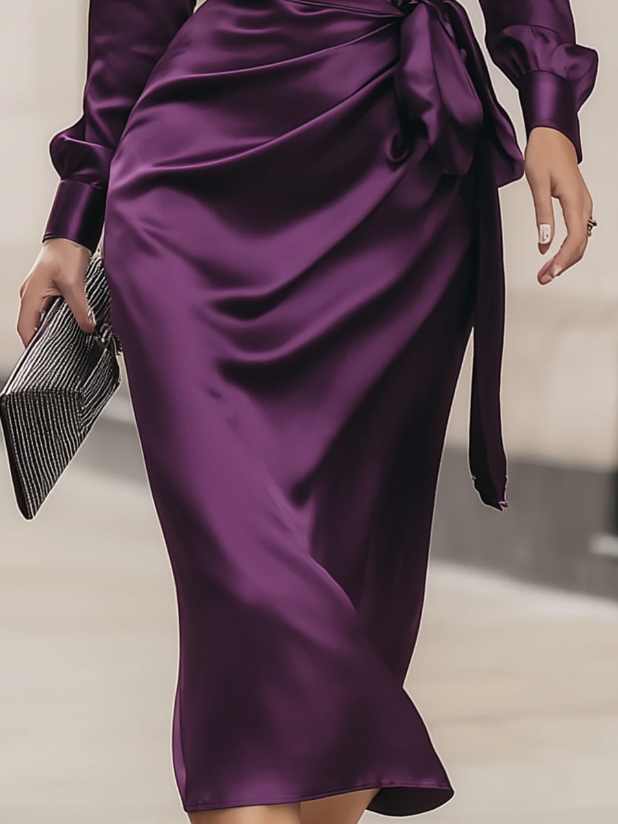 Deep Purple Satin Wrap Midi Dress ZJ