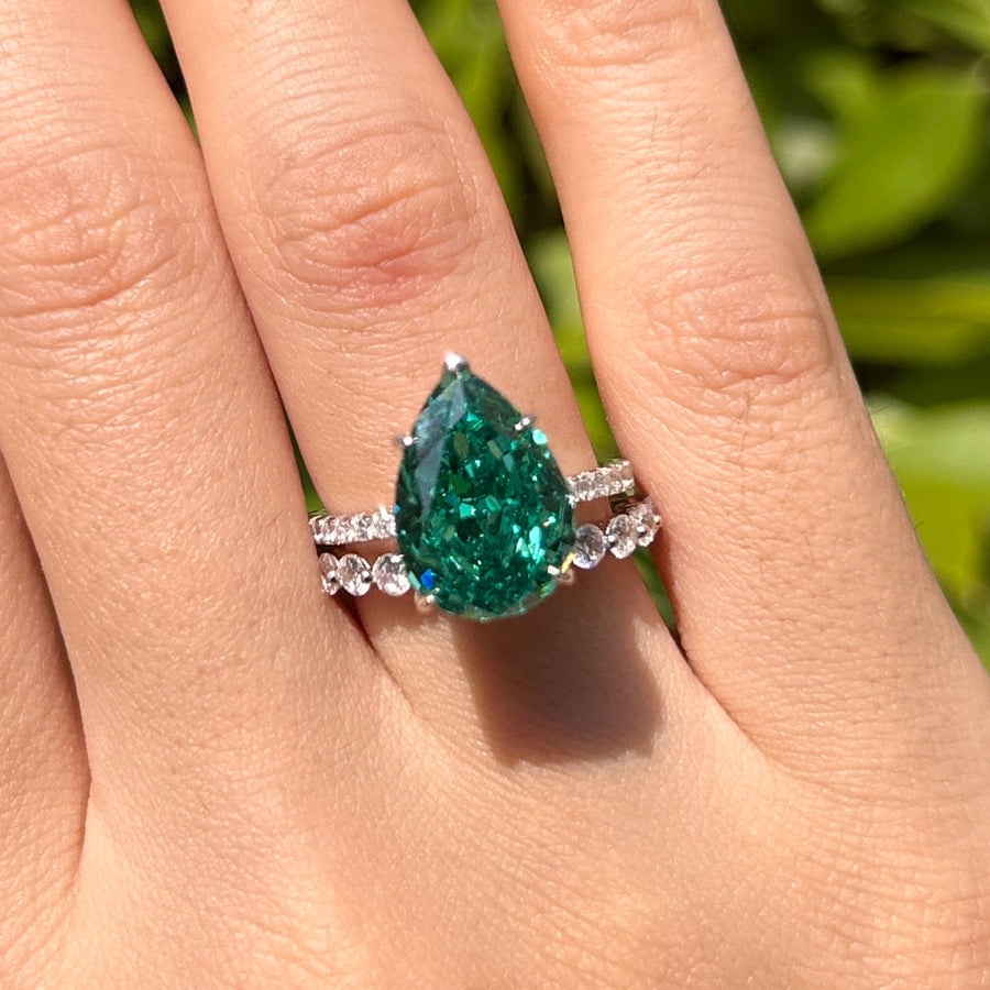 Sparkling Emerald Green Pear Cut Sterling Silver Bridal Set Carly Jewelry