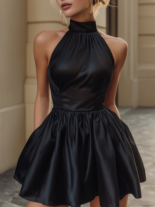 Elegant High-Neck Satin Bubble Mini Dress ZJ