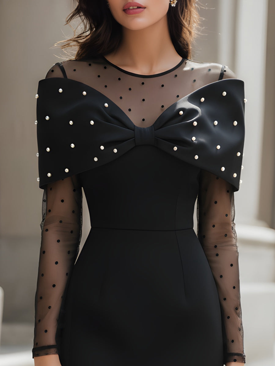 Pearl-Embellished Bow Mesh Sleeve Mini Dress MLZ