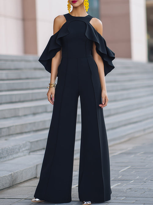 Cold-Shoulder Ruffled Wide-Leg Jumpsuit ZJ