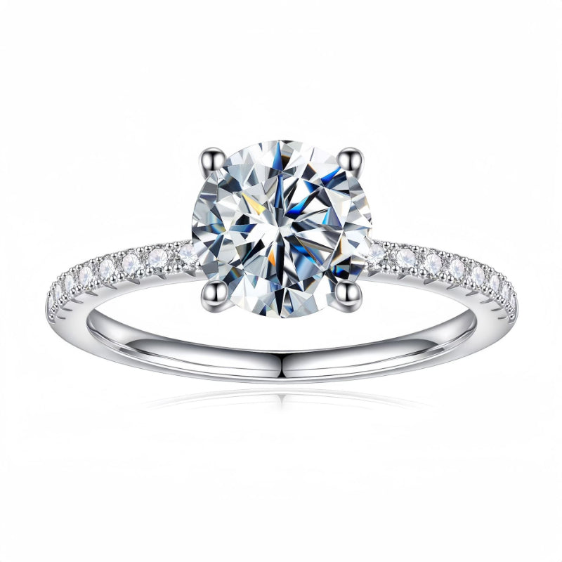 Classic 4 Prong Round Cut Sterling Silver Engagement Ring with Band Shine of Diamond