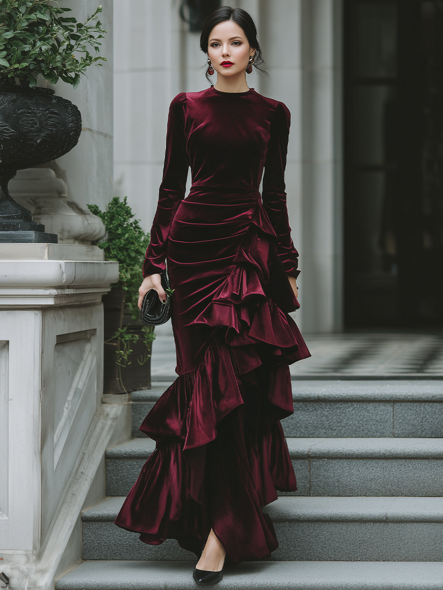 Long Sleeve Ruffled Tier Evening Gown XYS