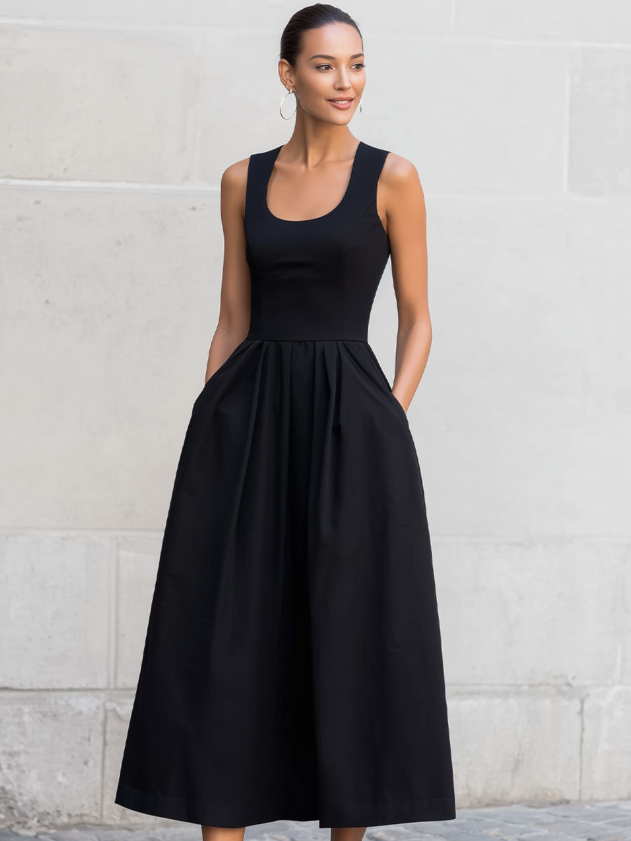 Black Sleeveless Square-Neck Midi Dress SN