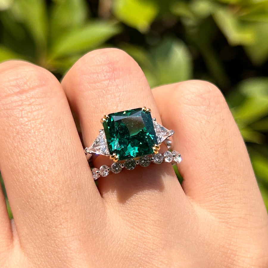 Vintage Emerald Green Radiant Cut Sterling Silver Bridal Set Carly Jewelry