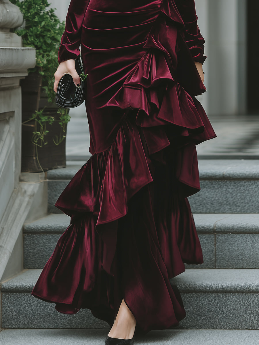Long Sleeve Ruffled Tier Evening Gown XYS