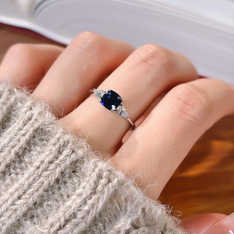 Three Stone Blue Cushion Cut Sterling Silver Ring Carly Jewelry
