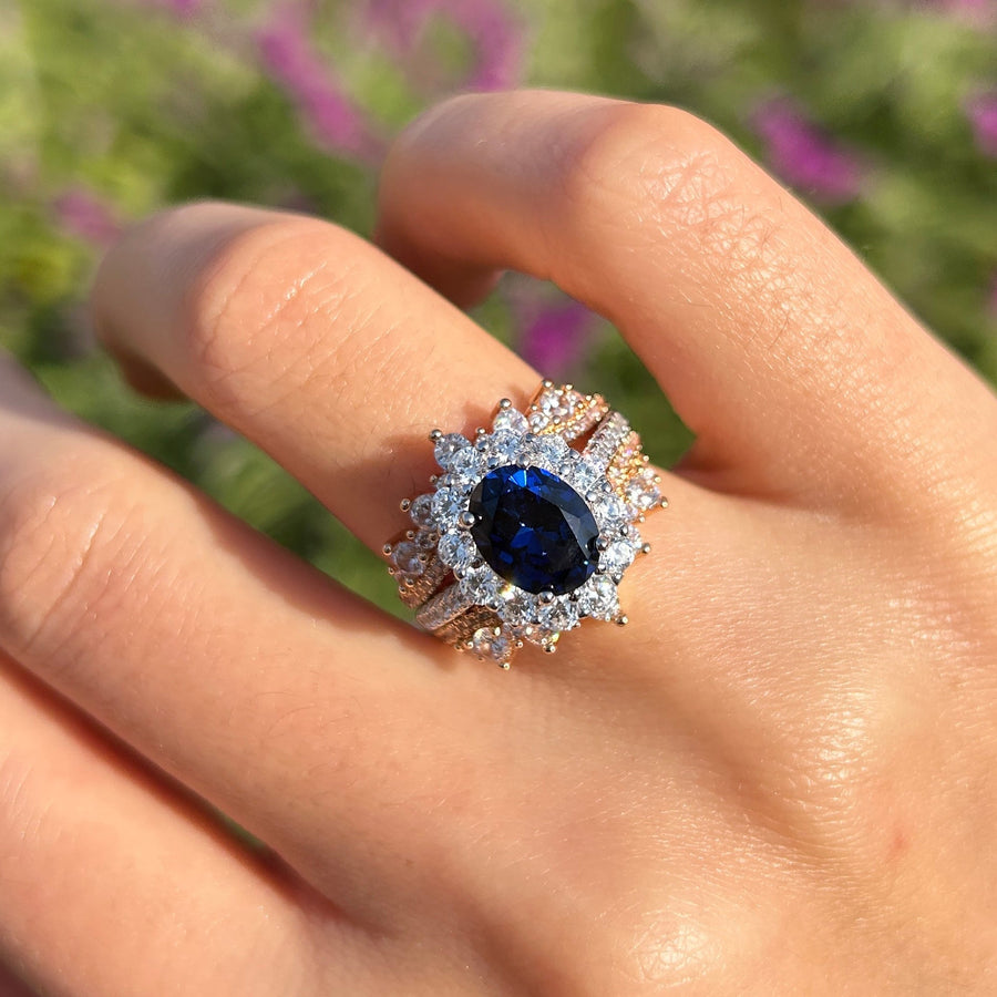 Vintage 2Pcs Blue Oval Cut Halo Sterling Silver Bridal Set Shine of Diamond