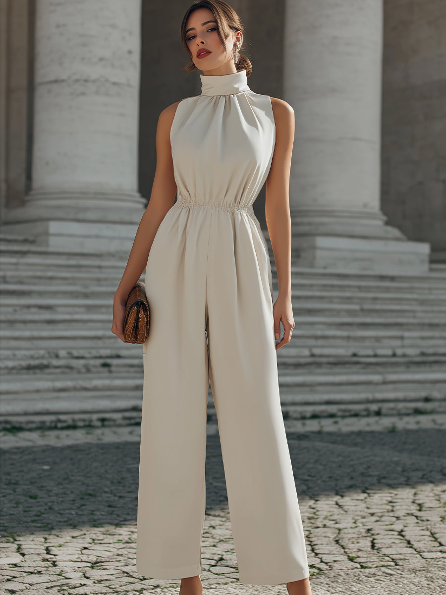 High-Neck Gathered Waist Wide-Leg Jumpsuit XYS