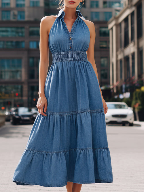 Halter Neck Tiered Denim Maxi Dress ZJ