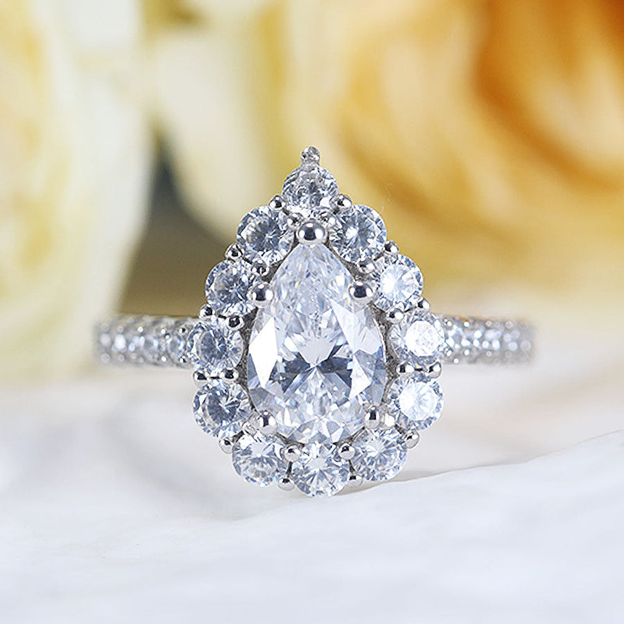 Stunning Pear Cut Halo Design Sterling Silver Engagement Ring Shine of Diamond
