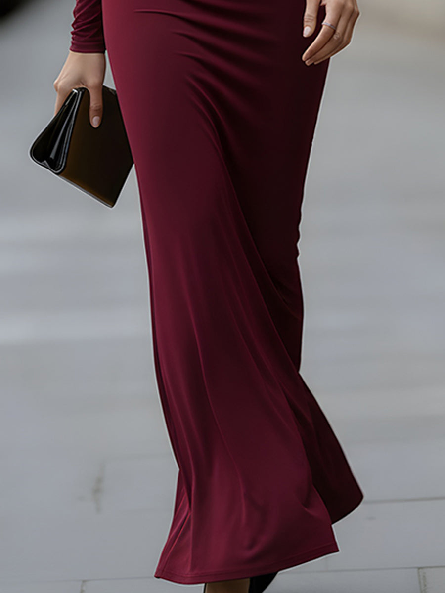 Elegant Long-Sleeve Draped Cutout Evening Gown HWT