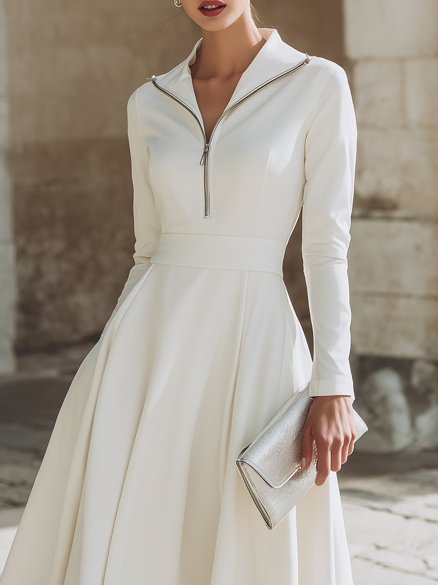 Zip-Front Long Sleeve Fit-and-Flare Midi Dress XYS