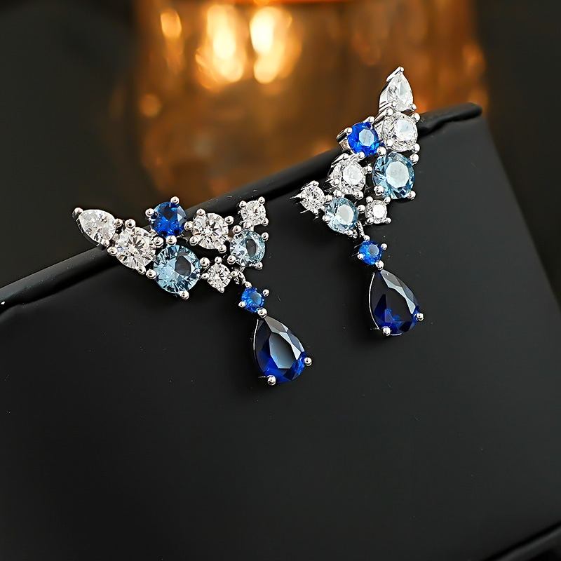 “Celestial Bloom” Blue & White Gradient Drop Earrings in 925 Sterling Silver Shine of Diamond