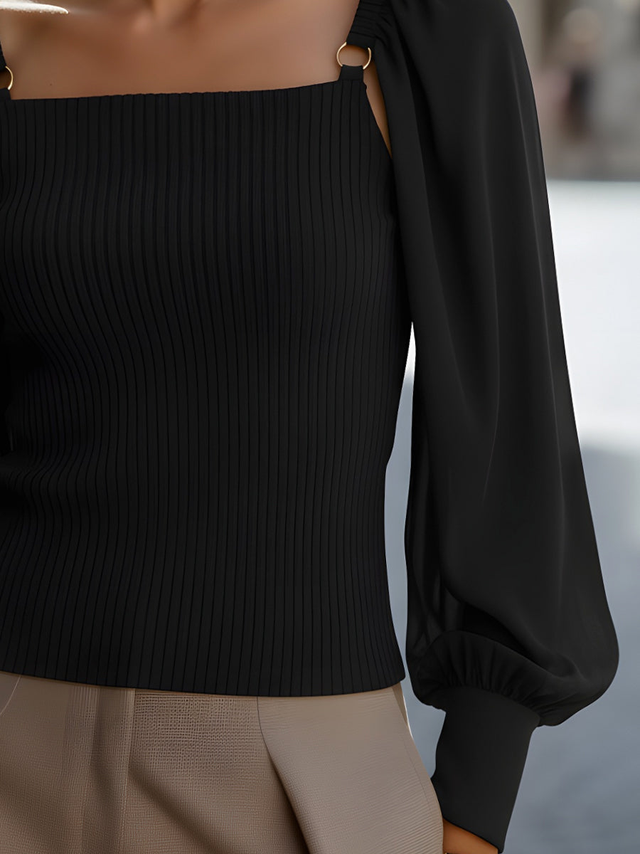 Ribbed Knit Top With Chiffon Balloon Sleeves MLZ