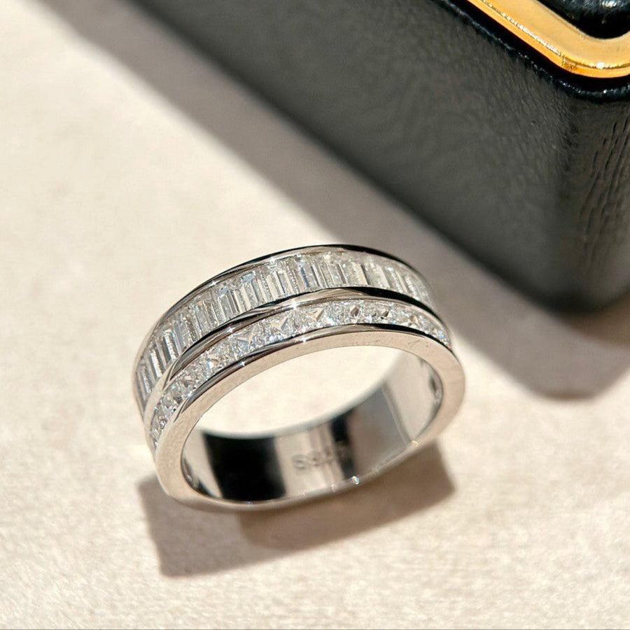 Double Row Band Baguette & Princess Cut Sterling Silver Ring hot