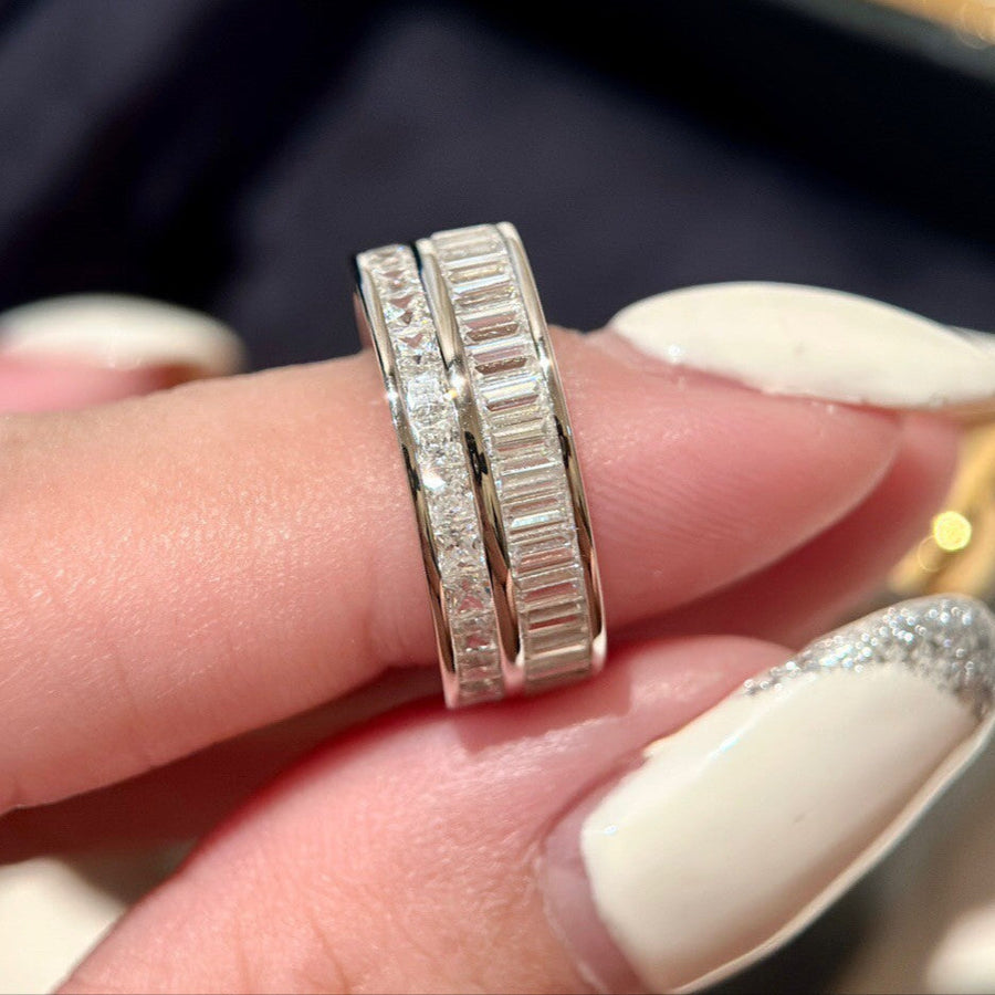 Double Row Band Baguette & Princess Cut Sterling Silver Ring hot