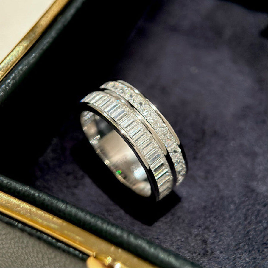 Double Row Band Baguette & Princess Cut Sterling Silver Ring hot