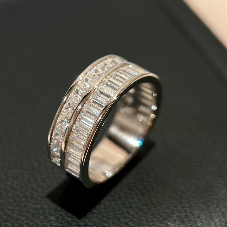 Double Row Band Baguette & Princess Cut Sterling Silver Ring hot