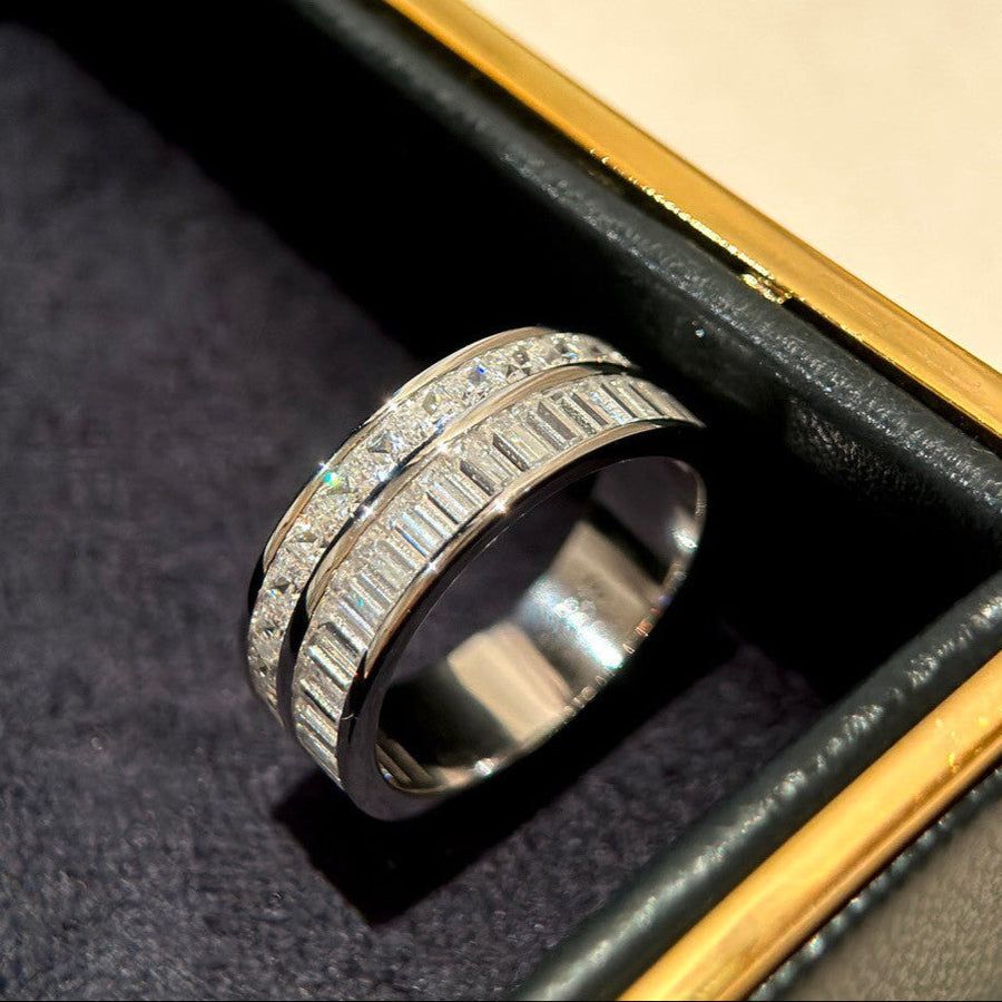 Double Row Band Baguette & Princess Cut Sterling Silver Ring hot