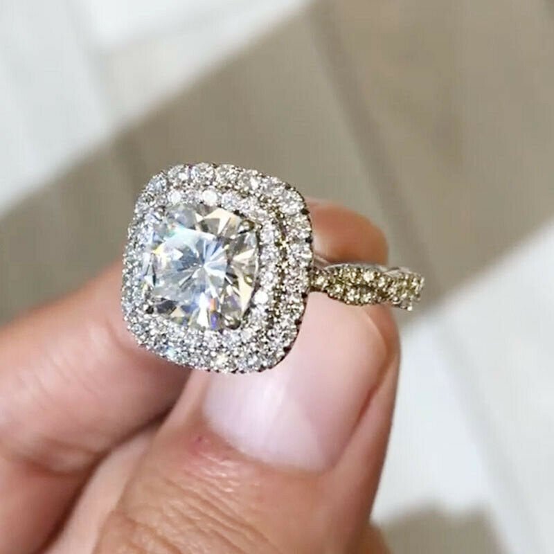 Double Halo Cushion Cut Twisted Shank Engagement Ring in Sterling Silver Shineofdiamond