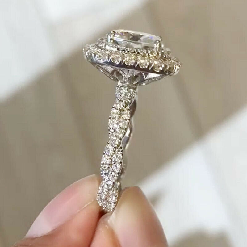 Double Halo Cushion Cut Twisted Shank Engagement Ring in Sterling Silver Shineofdiamond