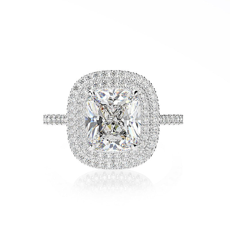 Double Halo Cushion Cut Engagement Ring In Sterling silver Shineofdiamond