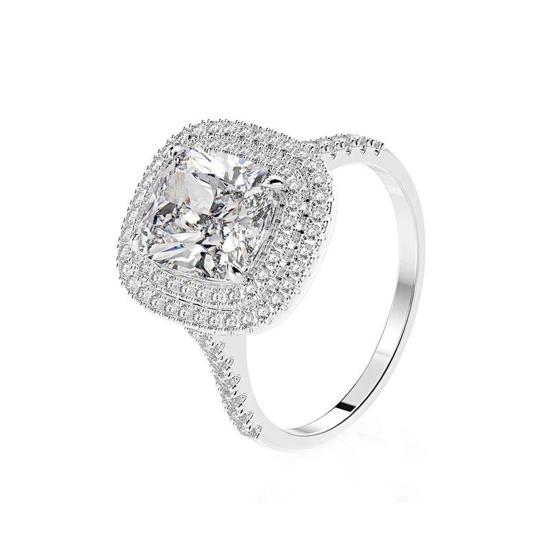 Double Halo Cushion Cut Engagement Ring In Sterling silver Shineofdiamond