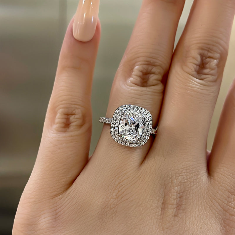 Double Halo Cushion Cut Engagement Ring In Sterling silver Shineofdiamond