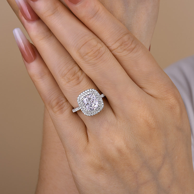 Double Halo Cushion Cut Engagement Ring In Sterling silver Shineofdiamond