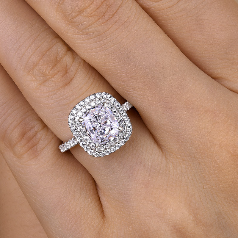 Double Halo Cushion Cut Engagement Ring In Sterling silver Shineofdiamond
