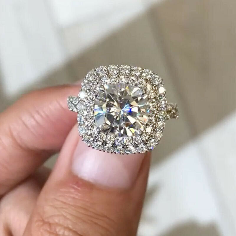 Double Halo Cushion Cut Twisted Shank Engagement Ring in Sterling Silver Shineofdiamond