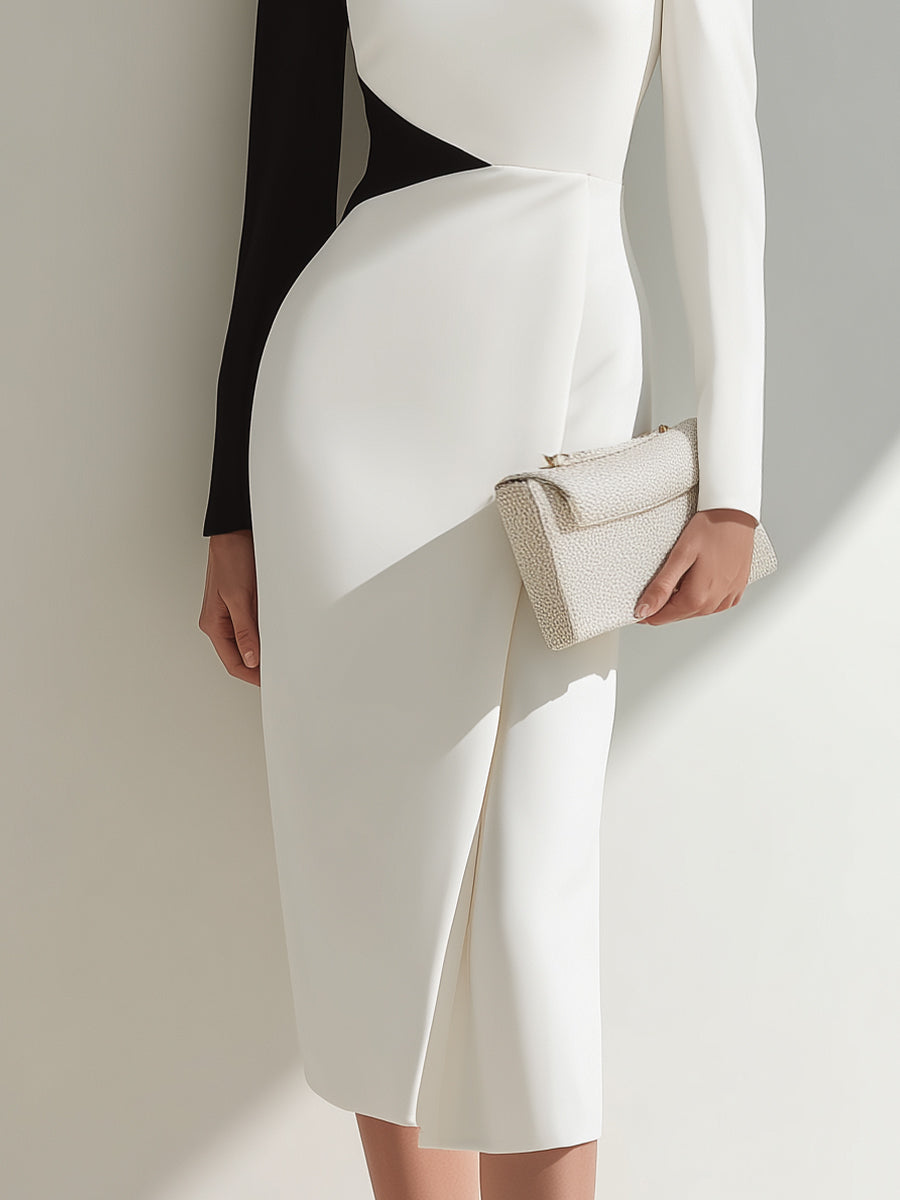 Black And White Asymmetrical One-Shoulder Midi Dress XYS