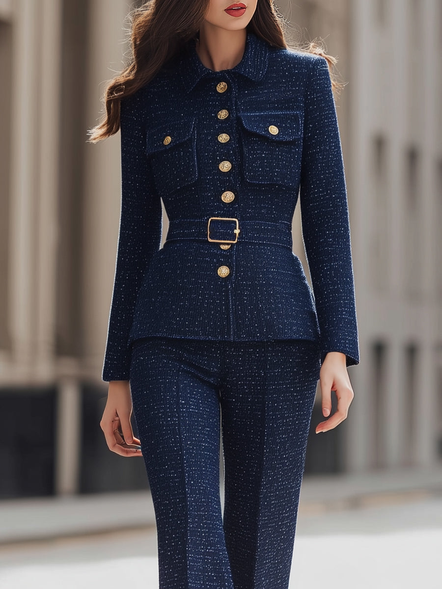 Tweed Belted Blazer And Pants Set With Gold Buttons MLZ