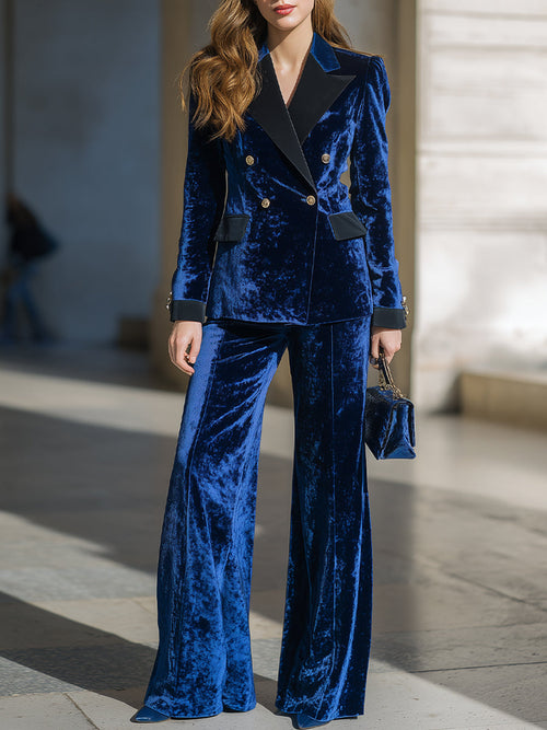 Double-Breasted Velvet Tailored Blazer Set With Wide-Leg Pants XYS