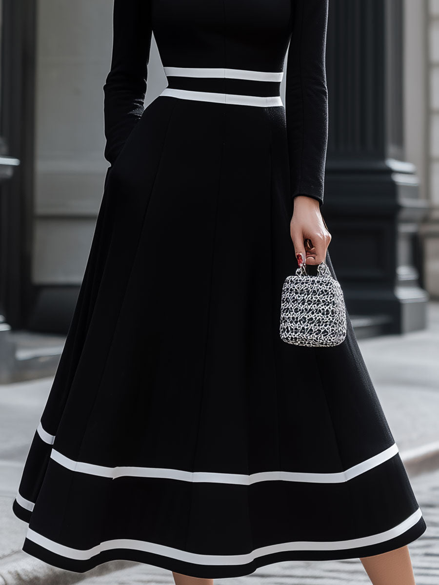 CAAYWORLD Retro Black & White Contrast Square Neck Midi Dress SN