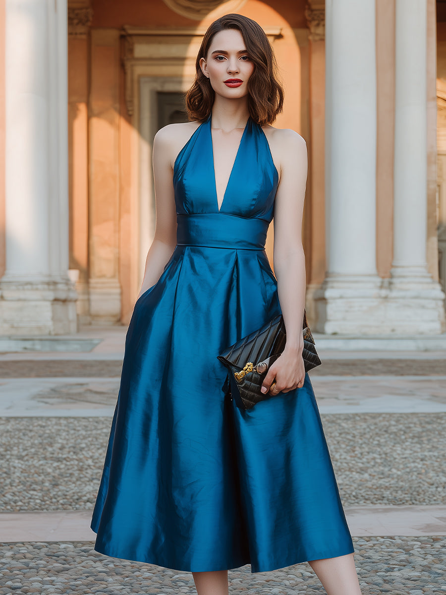 Halter V-Neck Pleated Midi Dress XYS