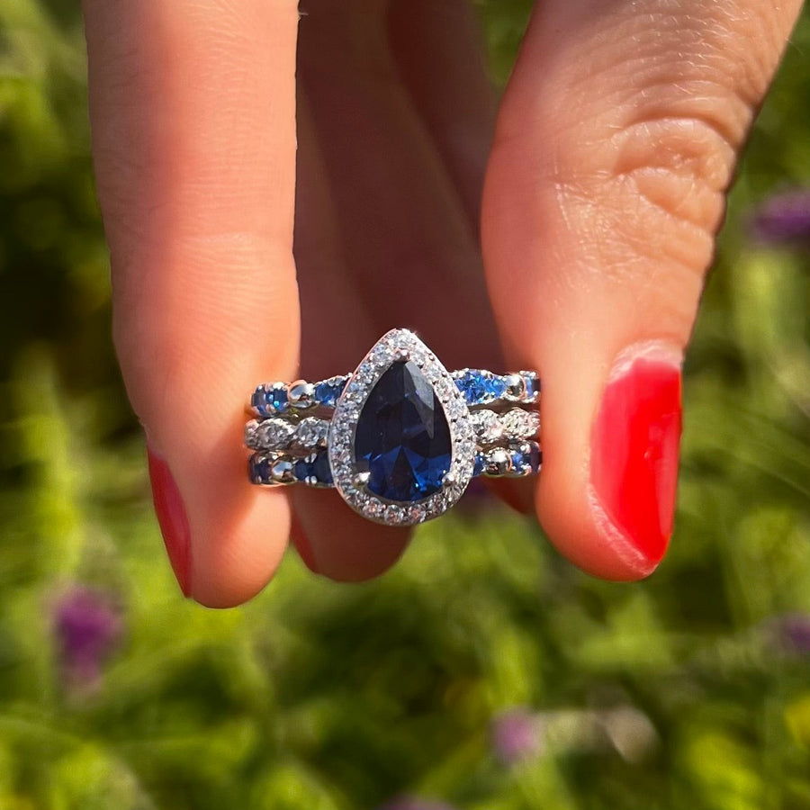3 Pcs Blue Pear Cut Halo Bridal Set in Sterling Silver Shine of Diamond