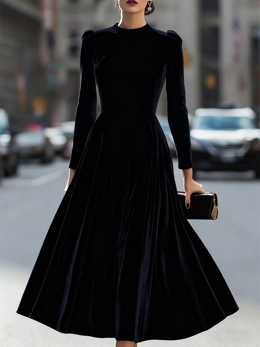 Luxurious   Velvet Long-Sleeve Midi Dress SN