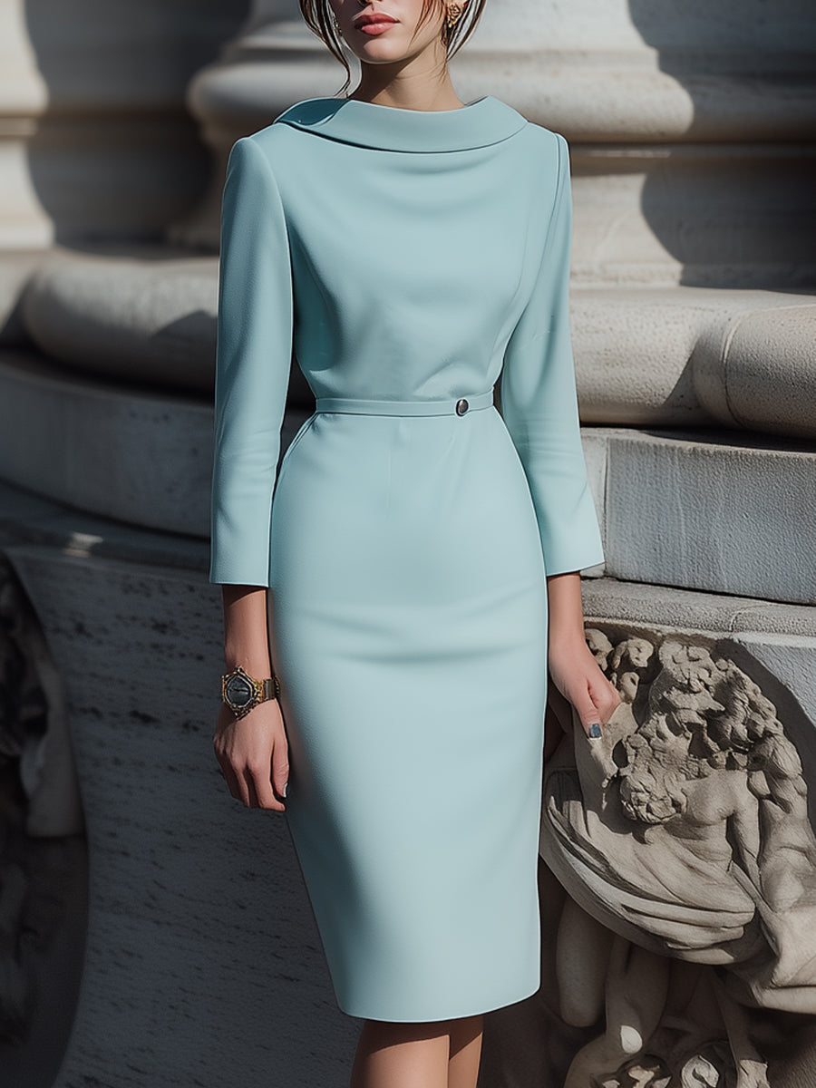 Draped Collar Pencil Midi Dress In Powder Blue XYS