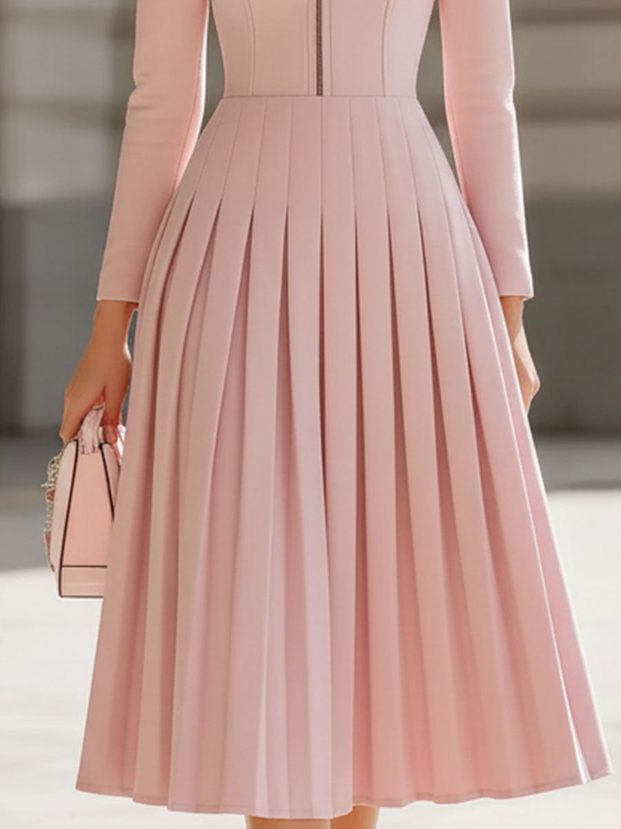 Elegant Blush Pink Pleated Midi Dress With Stand Collar SN