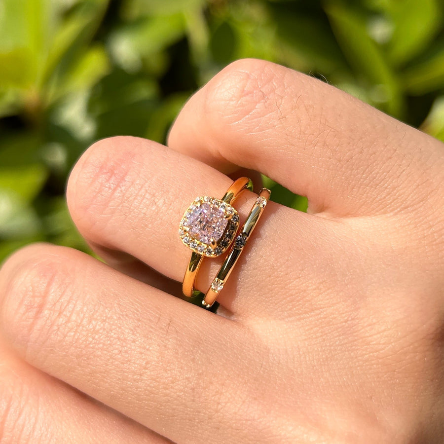 2 Pcs Pink Cushion Cut Halo Sterling Silver Bridal Set In Golden Tone Carly Jewelry