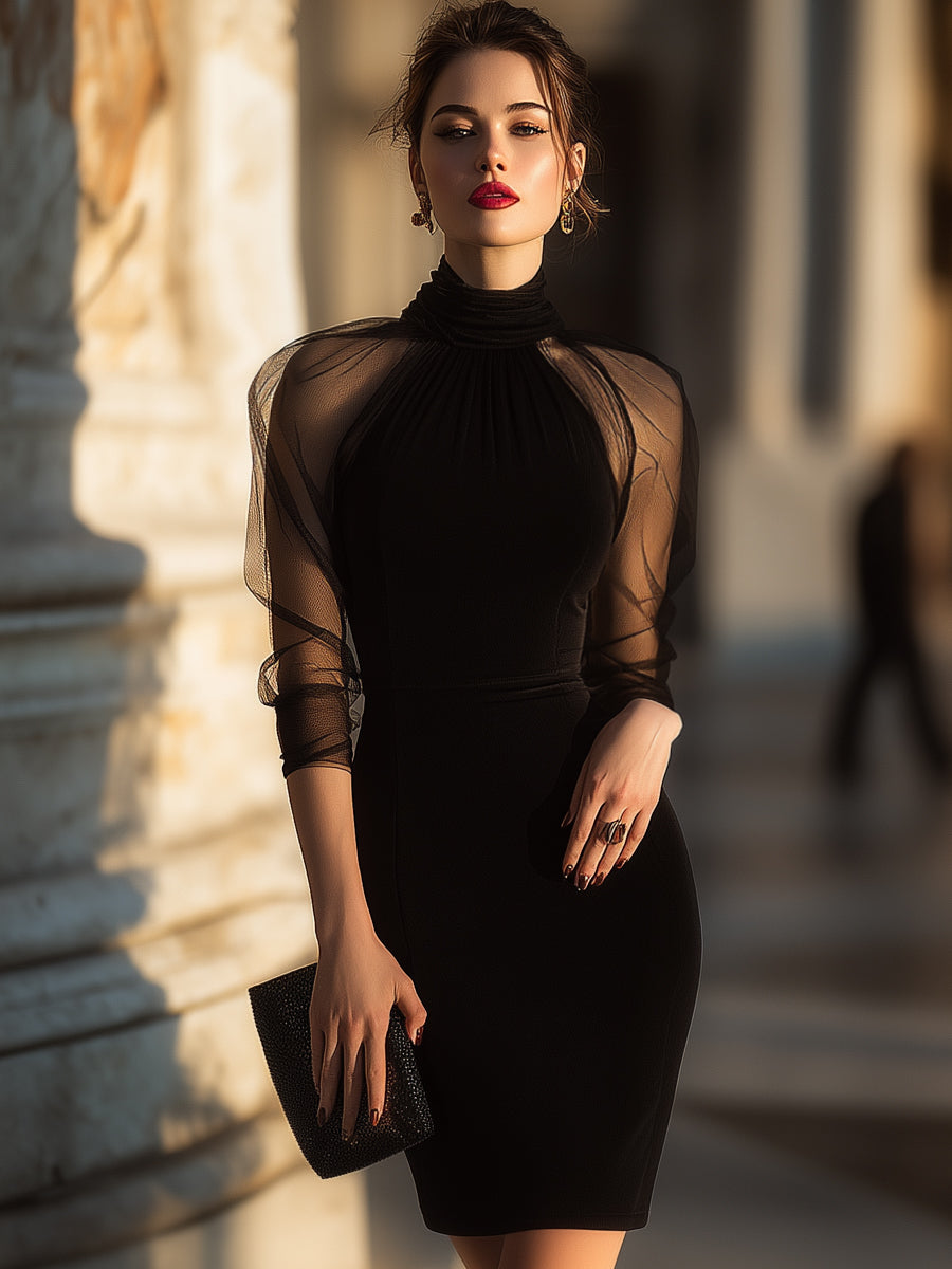 Sheer-Sleeve High-Neck Cocktail Dress XYS