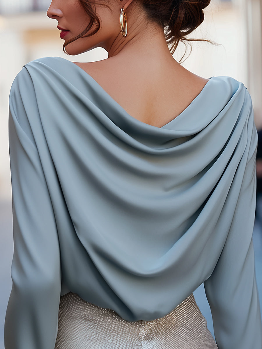 Draped Cowl Neck Blouse With 3/4 Sleeves MLZ