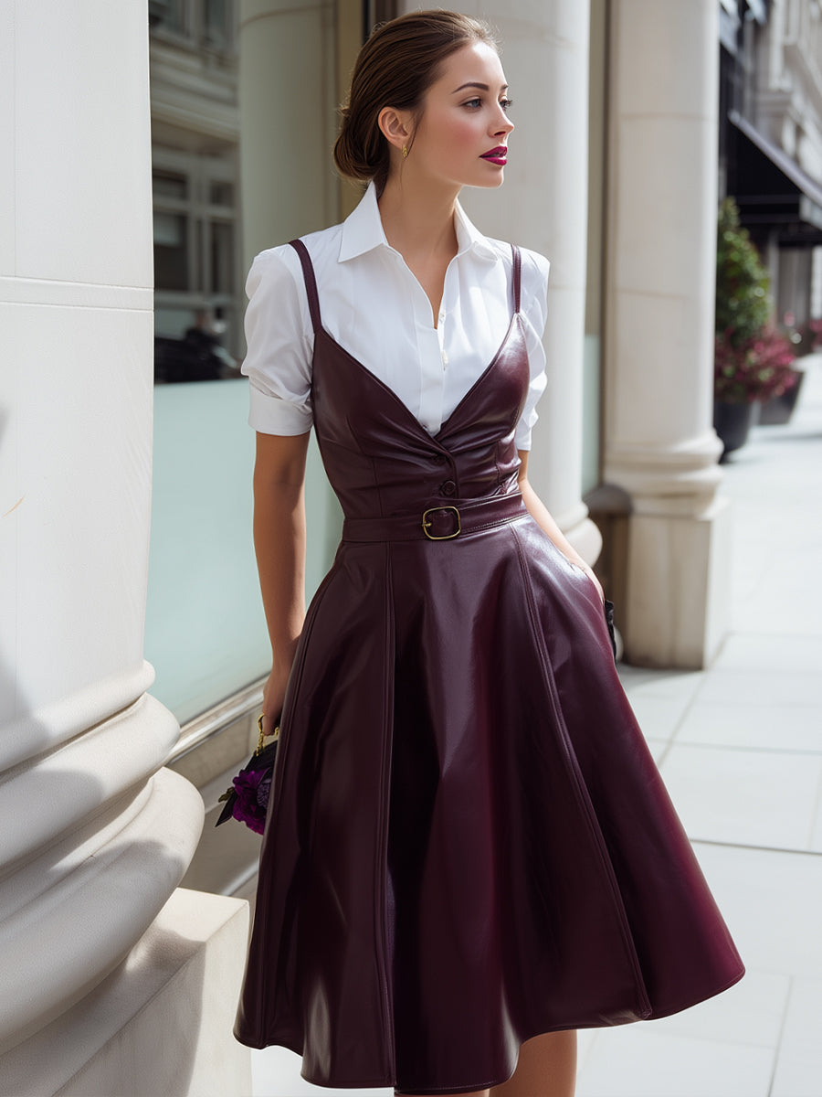 White Button-Up Shirt Dress With Wine-Red Leather Suspender Overlay ZJ
