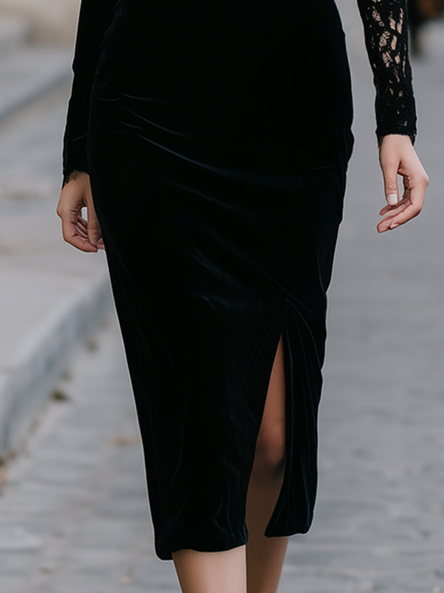 High-Neck Lace Panel Velvet Midi Dress HWT